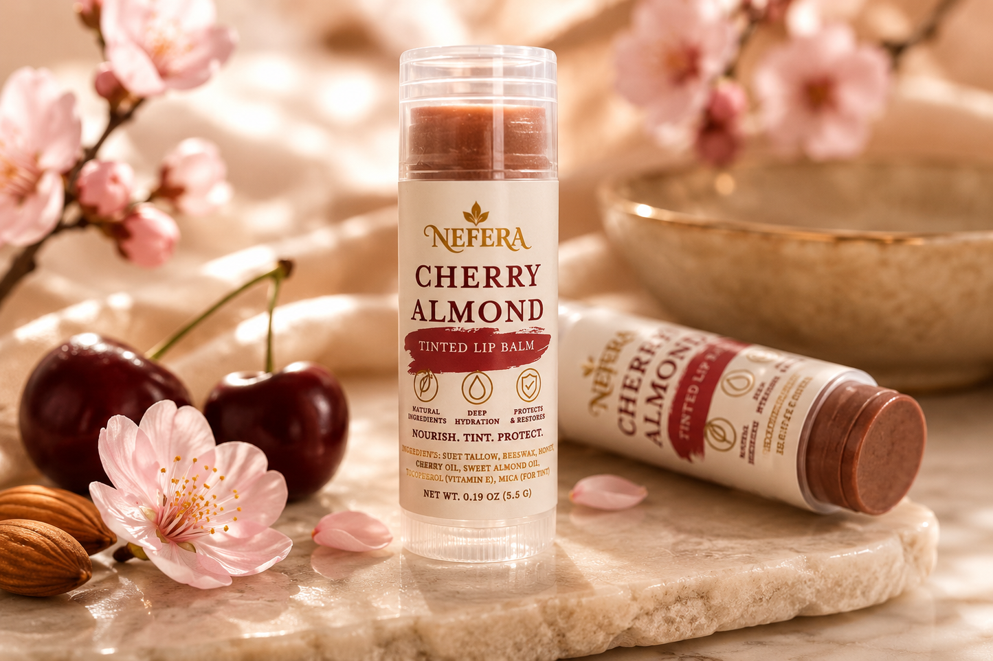 Bálsamo labial de sebo de cereza y almendras (con tinte rosado)
